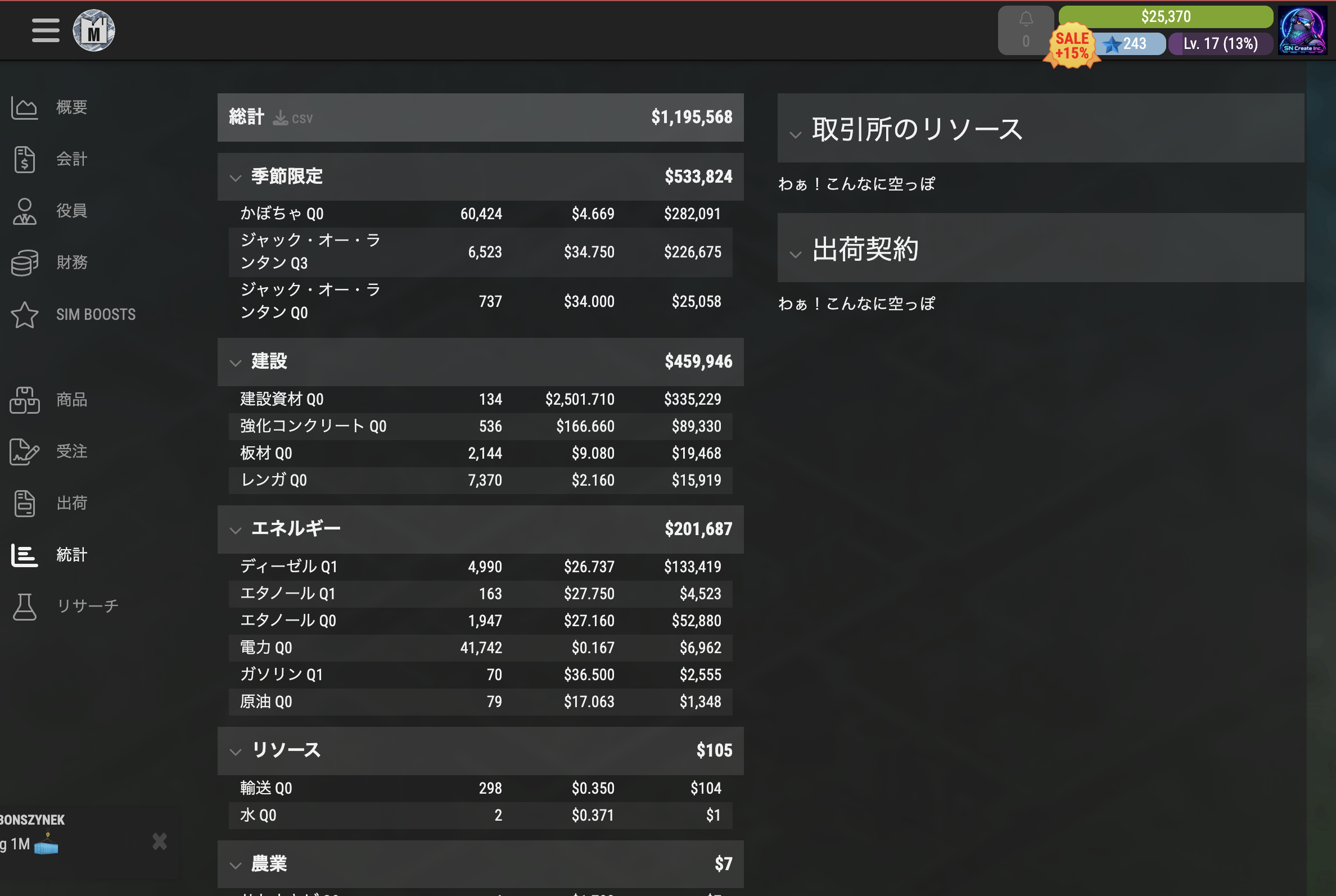 統計画面に表示されたかぼちゃとランタンの在庫数および評価額